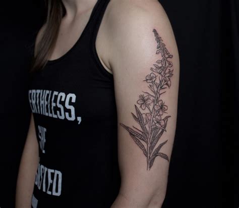 Black Fireweed Botanical Illustration Tattoo On Upper Arm By Ben Licata
