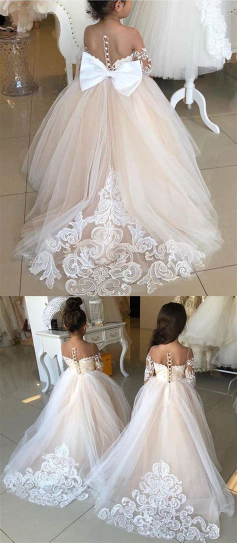 Illusion Long Sleeves Princess Ball Gown Flower Girl Dresses Lace Trai