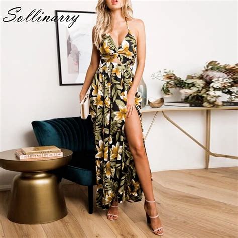 Sollinarry Floral Print Party Maxi Dress Women Backless High Split Sex