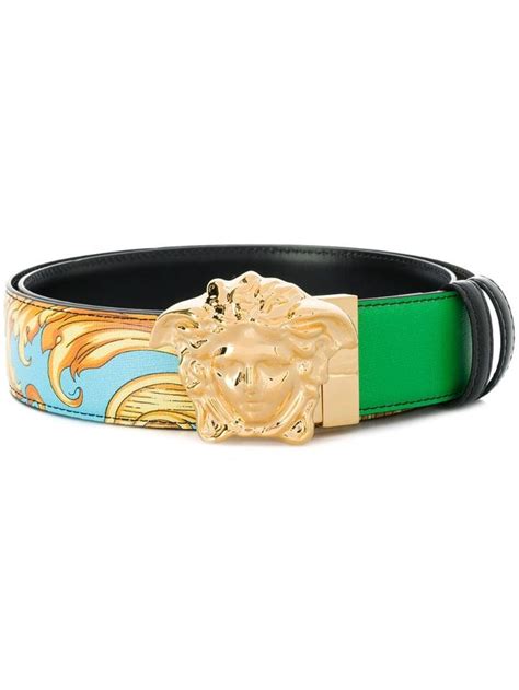 Versace Mens Barocco Print Leather Belt With Medusa Buckle In Green