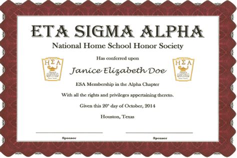 Esa Membership Certificate Eta Sigma Alpha