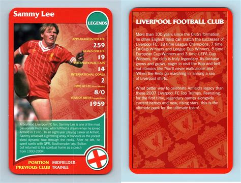He played most notably for hometown club fc|liverpool during the 1970s and 1980s as a. Sammy Lee - Liverpool 2007 Top Trumps Specials Card