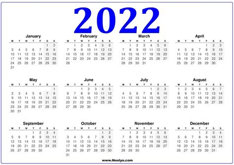 2022 Printable Calendar Australia
