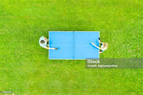 Aerial View People Playing Ping Pong Match Outdoor Top View Man And