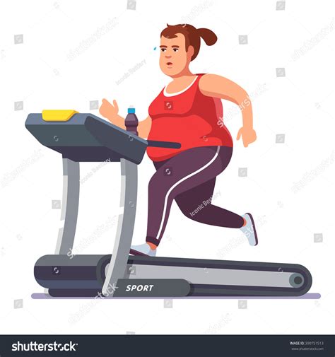 Obese Young Woman Running On Treadmill Stock Vector