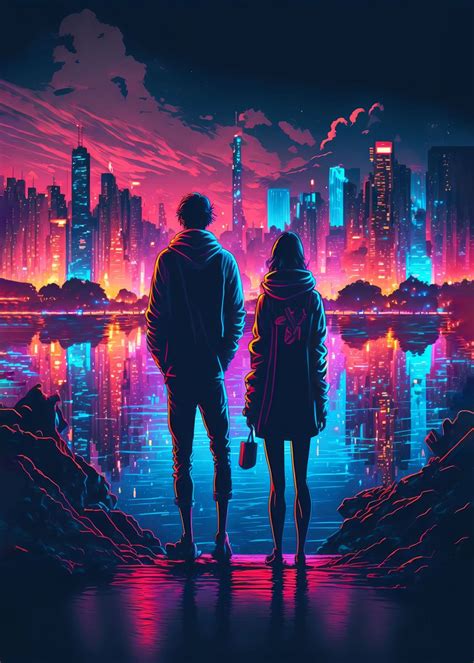 Couple Cyberpunk Landscape Poster Picture Metal Print Paint By