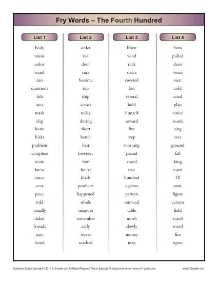 Fry Word List Fourth 100 Printable Sight Word Lists