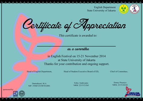 Certificate Of Appreciation Committee E Fest Certificate Sample