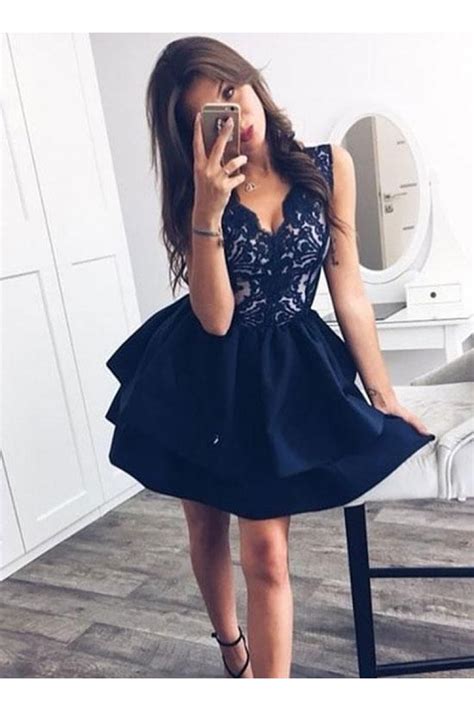 Dark Blue Lace V Neck Short Prom Dress Homecoming Dress A0104