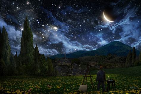 Landscape Night Stars Moonlight Atmosphere Vincent Van Gogh The