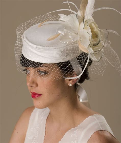 Bridal 1950s Pillbox Hat With Birdcage Veil Silk Fascinator 24500
