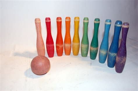 Vintage Bowling Game Wooden Pins Rainbow Colors Inches