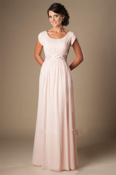 Blushing Pink Long Formal Modest Chiffon Beach Bridesmaid Dresses With