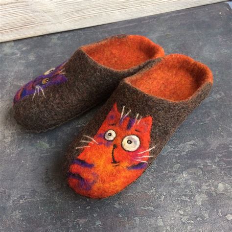 Felted Lucky Cats Slippers For Men Custom Wool Warm House Etsy Cat