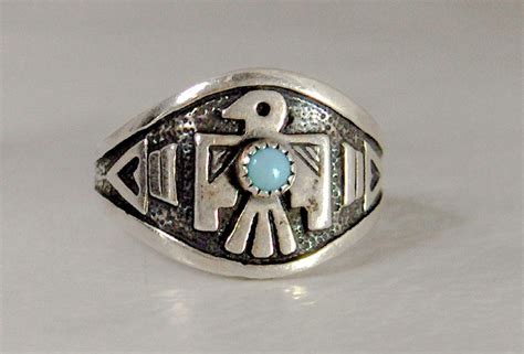 Sterling Navajo Turquoise Thunderbird Ring Size Signed Wilbert