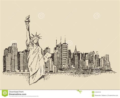 New York City With Statue Of Liberty Vector Sketch Stock