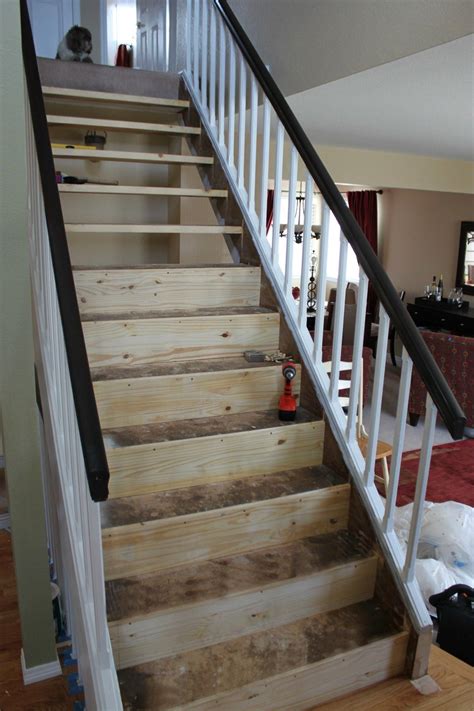 Building box steps and stairs for decks. DIY Stairway Makeover. Open tread stairway remodel before ...