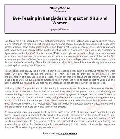 Eve Teasing In Bangladesh Impact On Girls And Women Free Essay Example