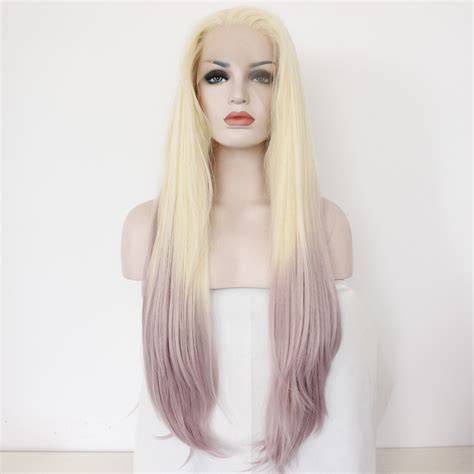 long ombre blonde silk straight glueless synthetic lace front wig
