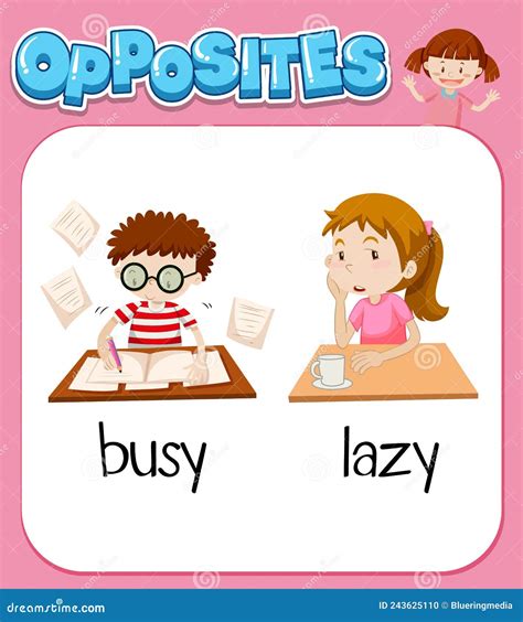 Words Lazy And Active Flashcard With Cartoon Characters Opposite Adjectives Explanation Card