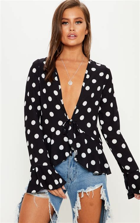 Black Polka Dot Tie Front Blouse Tops Prettylittlething Ca