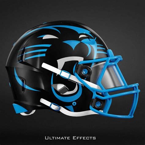 A Black And Blue Football Helmet With A Cat Face On Its Side Against