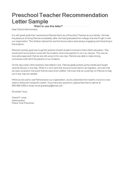 Letter Of Recommendation For Preschool Teacher From Parent With Letters