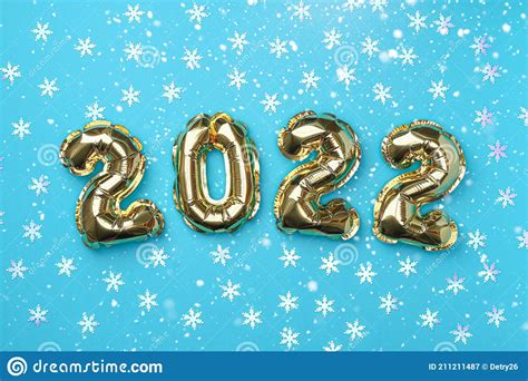 New Year 2022. Foil Balloons Numbers 2022 On Blue Background. New Year