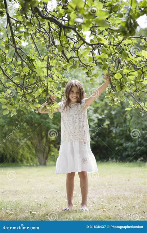 Шаловливая маленькая девочка держа ветви в саде Стоковое Изображение изображение насчитывающей