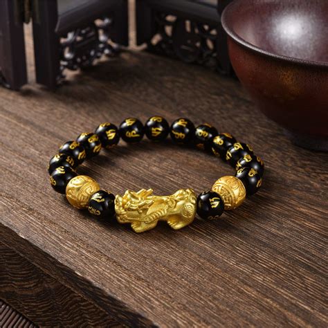 Feng Shui Gold Pixiu Piyao Black Obsidian Bracelet Wealth Postivity