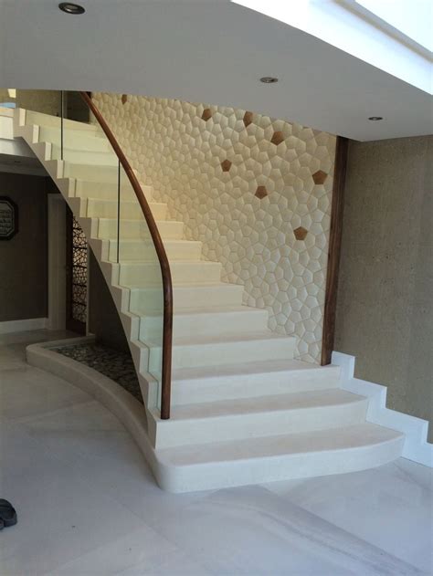 Modern Contemporary Staircase With Water Feature Curved Glass Balustrade And Timber Handrail