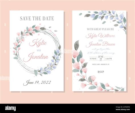 Wedding Invitation Card Template Set With Beautiful Floral Leaves