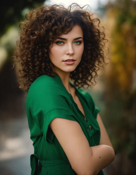 lexica confident curly hair brunette green eyed woman