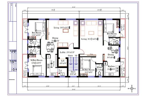 54x34 Apartment 2 Bhk Layout Plan Cad Drawing Cadbull