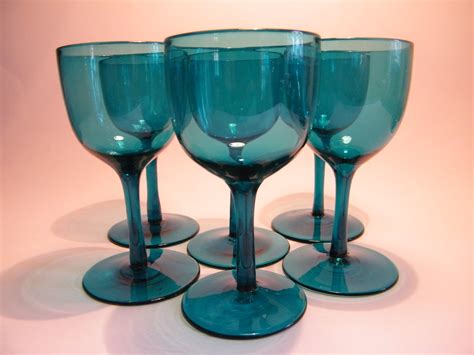 Fabulous Set Of 6 Aqua Blue Small Wine Glasses 508998