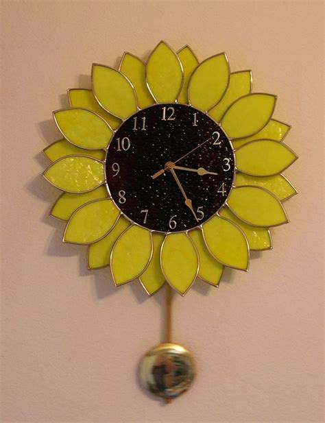 Stained Glass Sunflower Clock With Pendulum Etsy Sunflower Clock