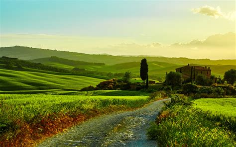 Italy Tuscany Beautiful Landscape Fields Road Grass Trees House