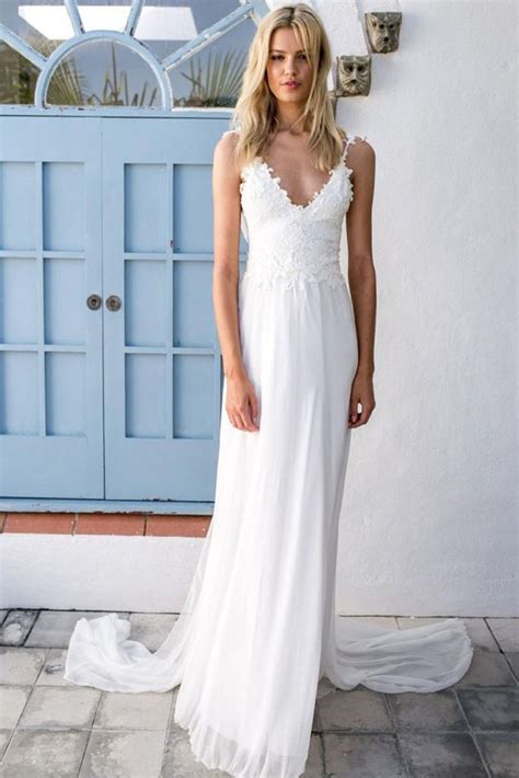 Find great deals on ebay for white beach wedding dress. 2018 Boho V-neck A-Line White Lace Chiffon Summer Beach ...