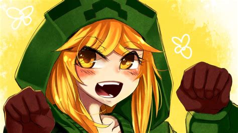 Blondes Video Games Gloves Long Hair Creeper Yellow Eyes Minecraft Hoodie Open Mouth Anime Girls