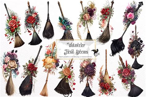 Watercolor Floral Brooms Clipart Halloween Cottagecore Witch Etsy