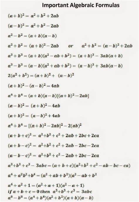 20 Most Important Algebra Formulas And Expression With Example Algebra