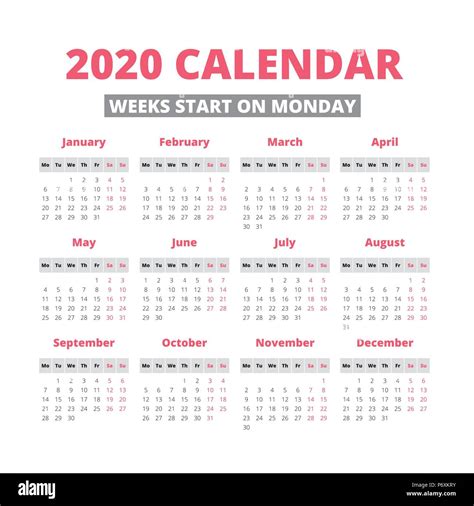 Simple 2020 Year Calendar Week Starts On Monday Stock Vector Image