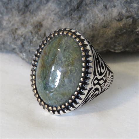 HEAVY sterling silver ring moss agate size 11 3/4 men's | Etsy