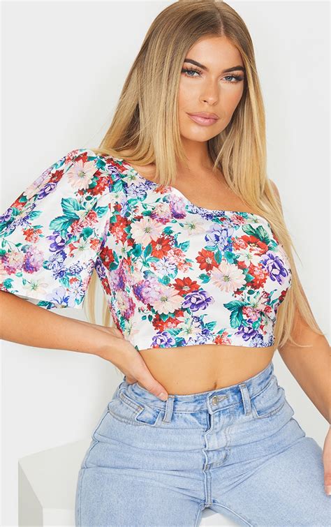 White Floral One Sleeve Ruched Crop Top Prettylittlething Usa