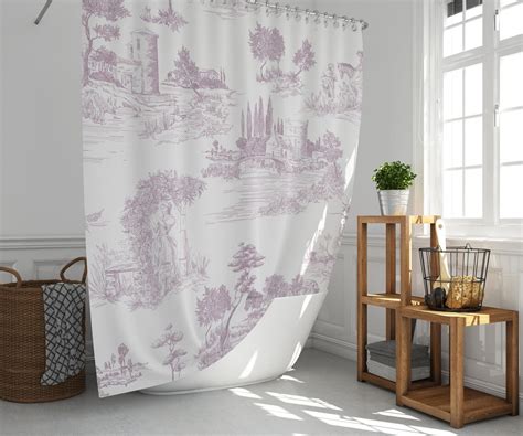 toile shower curtain lilac white french toile print etsy