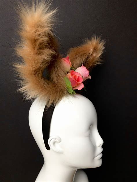 Faux Fur Bunny Ears Headpiece With Pink Roses Etsyde