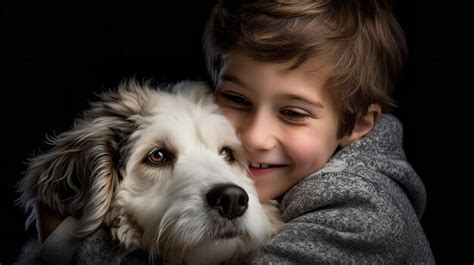 Premium Ai Image Boy Hugging His Golden Retriever Dog In A Clean