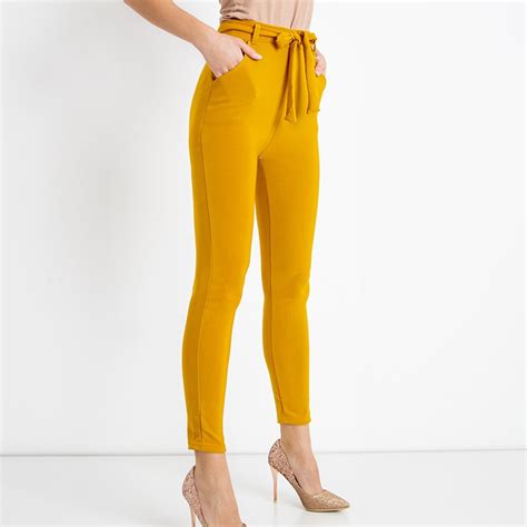dámské hořčičné látkové kalhoty se svázaným opaskem kalhoty Žlutá hořčicová royal
