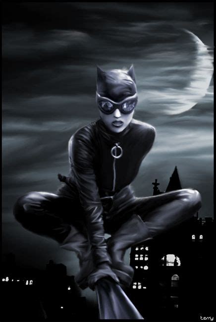 A Painting Of A Catwoman Sitting On Top Of A Building In Front Of A