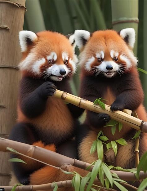 Premium Ai Image Cute Red Pandas Sharing Bamboo Snack
